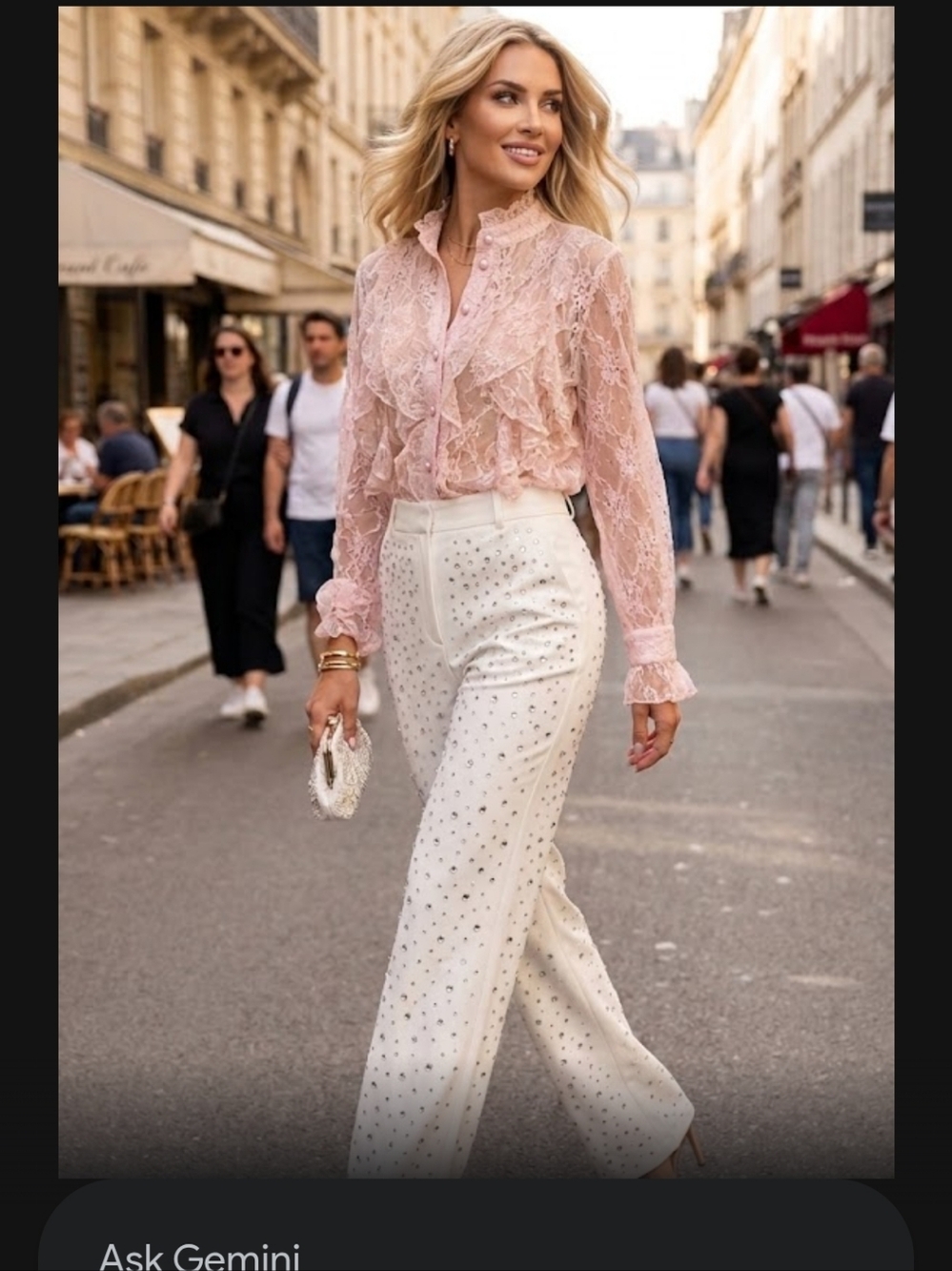 Lace Ruffle Blouse Buttoned Up With Rhinestine Lace See Through.